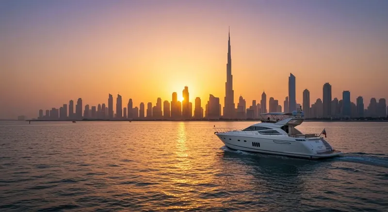 Jacht voor de skyline van Dubai bij zonsondergang